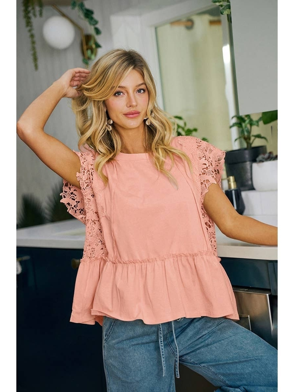 BiBi Peach Crochet Sleeve Peplum Tunic